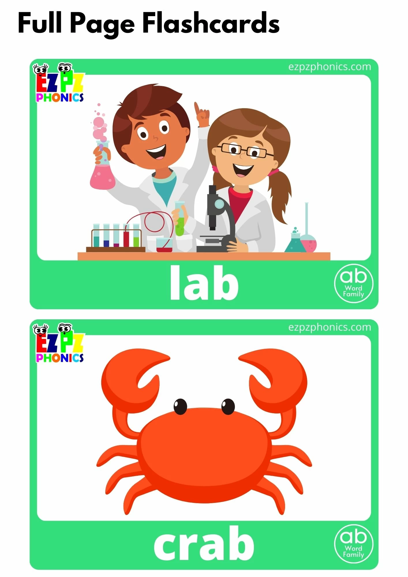 AB Word Family Full Page Flashcards With Words Free PDF Download or View Online Phonics Flashcards Pack For ESL and Kindergarten Students